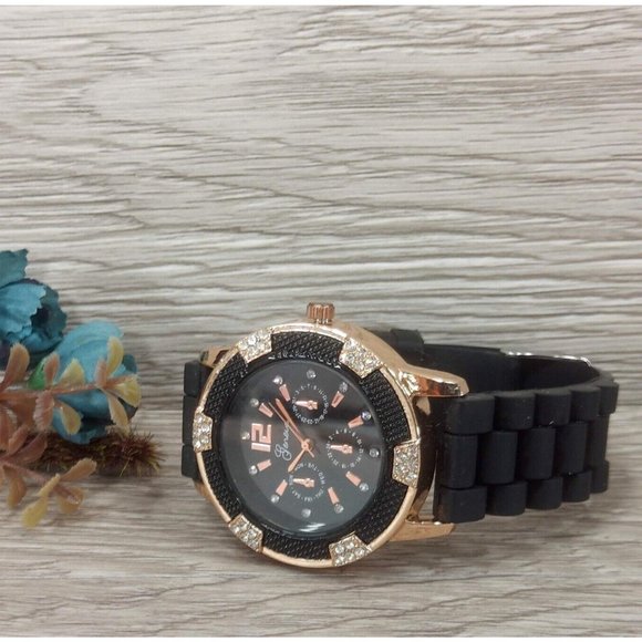 Unisex Bracelet Watch Black Gold Tone Soft Flexible Silicone Band Wristwatch - Picture 5 of 14